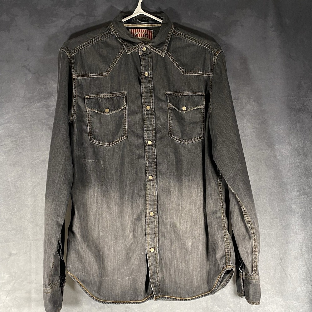 Western Pearl Snap Button Down Sz M Black Ombre Long Sleeve Denim Shirt